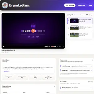 Example PremiumSportProfiles athlete recruiting profile showing a highlight reel, player bio, playing history, references, full games, and updates